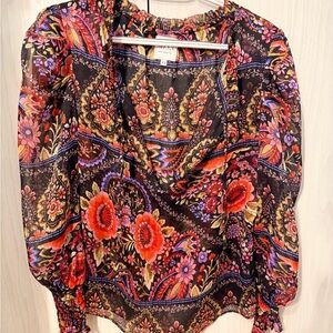 Misa Los Angeles Black Sheer Blouse with Red & Purple Floral Print